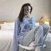 Pijama Home Suit Loungewear Xadrez Calças Femme Nightie Senhoras Pijamas Coreano PJS Set Calças Ternos 211215