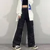 Hip hop Color Contrast Jeans Damska Spring Elastyczna Wysoka Talia Multi Kieszeń Zipper Loose Cargo Spodnie 210427