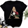 사용자 정의 이름 편지 조합 패션 여성 티셔츠 꽃 편지 글꼴 A B C D E F G 반팔 탑 블랙 티셔츠 의류
