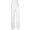 Automne Casual Blanc Pantalon Femmes Bouton Poches Taille Haute Pantalon Mode Baggy Droite pour 210604