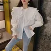 Coleira de boneca retro manga comprida blusa mulheres elegantes rebffles retalhos soltos blusas ol único design de mama camisa 49593 210422