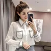 Spring Autumn Women's Shirt Korean Style See-through Lace Pocket Loose Blouse Top Casual Long Sleeve Base Tops LL618 210506