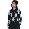 레트로 3 차원 아가일 폴로 칼라 스웨터 여성 패션 게으른 느슨한 긴팔 니트 210520