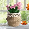 Förvaringspåsar Naturlig Seagrass vävda korgar Vit Tassel Macrame Belly Garden Flower Pot Planter Baske Home 2021