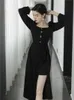 YOSIMI Vintage Beige Women Dress Spring Square Collar Long Sleeve Mid-calf A-line Black Elegant Midi Vestido Feminino 210604