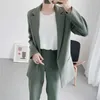 Mulheres elegantes Únicas Botão Blazer Escritório Senhoras Slim Long Jackets Casuais Feminino Feminino Ternos Verdes Bolso Meninas Chic Sets 210527