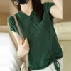 Мода Drawstring на шнуровке с коротким рукавом вязаная футболка женщины Корейский V-образным вырезом сплошной трикотаж Топы Летняя пуловер Футболка 210522