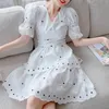 Elegant Fashion Sweet White Embroidery Mini Dress Vintage V-Neck Puff Sleeve High Waist Slim Dresses Female Vestidos 210518