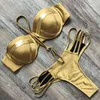 Sexig bandeau thong bikini set push up swimwear halter top för kvinnor blå guld stämpling baddräkt vadderad kvinnlig baddräkt x0522