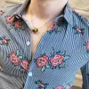 Flor listrada homens camisa de manga longa camisas casuais homens vestido de negócio camisas viradas colarinho camisa camisa chemise homme 210527