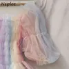 Neploe Striped RainbowシャツBlusa夏の新しい甘いフリルスラッシュネッククロップのブラウス女性メッシュトリミングトップス1E942 210423