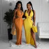 Colysmo Beach Maxi Dress Women Summer DeepV-NeckEleveless Backless Hollow Out High Split Party Club Wear Sexy Dresses Yellow 210527