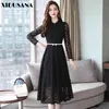 Autumn Stand-up Collar Long Dress Sleeve Sexy Lace Single Breasted High Waist Slim Slimming Dresses 210423