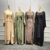 Ropa étnica Conjunto de 4 piezas Hijab a juego Mujeres Musulmanas Linene Árabe Modesto Traje Liso Kimono Abierto Abaya Maxi Vestido Wrap Falda delantera Larga