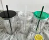 Rensa 500 ml plast platta lock Tumblers DIY akrylvattenflaskor med halm dubbelväggiga kontor kaffemuggar återanvändbara bärbara 16oz 17 oz transparent PS drickskoppar