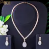 Pera Luxury Shiny Cubic Zirconia Water Drop Pendant Gold Necklace Earrings Wedding Jewelry Sets for Bridal J428
