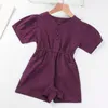 Bear Leader Girls Fashion Casual Jumpsuits Sommar Barn Baby Button Fly Kläder Solid Färg Puff Sleeve Bodysuits för 3-7y 210708