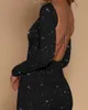 Mini vestido con espalda abierta y purpurina sexy para mujer Vestido ajustado de manga larga entrecruzado Y0726