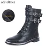 SOPHITINA Damen Winter Stiefeletten Warm Plüsch Bequemes Reiten Combat Military Low Heel Mid Calf Booties Herbstschuhe C778 210513