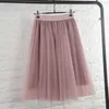 TingYiLi 4 Layers Tulle Skirts Womens Black Gray White Adult Tulle Skirt Elastic High Waist Pleated Midi Skirt Y0824