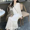 Vestido de hada blanca mujer Midi elegante fiesta Vintage vestido femenino otoño manga larga cuello en V vestido Casual coreano 210521