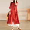 Johnature Women Summer Shirt Dress Linen Button Short Sleeve Solid Color Casual Clothes Female Loose Vintage Dress 210521