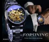 Forsiner Steampunk Mechanical Watch Mens Automatic Skeleton Black Noir en acier inoxydable Busine.