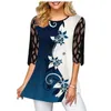 Plus Size 4XL 5XL Koszulka Bluzka Kobieta Wiosna Lato Topy O-Neck Pół Rękaw Koronki Splice Drukuj Boho Kobiet Koszula 210719