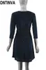 3/4 Sleeve Sexy V Neck Velvet Line Swing Dress Vintage Plus Size Damska Elegancka Mini Długość Fall and Winter Welor Dresses 210527