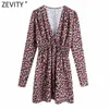 Zevity Women Sexy Deep Vネックフローラルプリント弾性ウエストシャツドレスフェムメシックパフスリーブブレストヴェストド服DS4935 210603