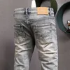 Italian Style Fashion Men Jeans Retro Blue Gray Elastic Slim Ripped Patchwork Designer Hip Hop Splashed Denim Pants