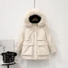 Fashion Short Fur Collar Warm Tjockad Hooded Down Coat Women's Winter White Duck Jacket Big Pocket Chic Outwear Kvinna 210520