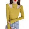 Slash Neck T Shirt Women Cotton Elastic Basic T-shirts Female Sexy Tops Long Sleeve Halter T-shirt Women Black Yellow 2012 210604