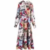 Women vintage contrast color ink painting print casual sashes long Dress ladies stand collar bow tied vestido Dresses DS3047 210603