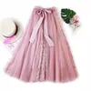 Mode Tutu Tulle Jupe Femmes Longue Maxi Jupe Coréenne Mignon Arc Taille Haute Jupe Plissée Femme École Soleil Spodnica 210522