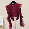 Ruffles Stitching Långärmad T-shirt Fashion Slim Fit Kvinnors Blus Off-Shoulder Toppar Bomull Solid Pullover 11285 210508