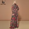 LD Linda Della Fashion Runway Långärmad Maxi Klänningar Kvinnors Eleganta Party Rose Floral Leopard Print Lång Klänning Holiday Dress 210719