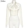 Nibber Autumn Button Decoration Office Slim Crop Top Women Hollow Backless Elegant Tshirts Fashion Party White Casual Top Shirt 210322