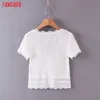 Tangada Women Lace Patchwork White T Shirt Short Sleeve Crop Tees Ladies Casual Tee Shirt Street Wear Top 1J10 210609