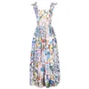 ファッション滑走路夏のドレス女性の休暇休日のvestidosの弓ストラップの背中の青と白の磁器の花のロングドレス210514