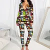 Bulk Womens Pyjamas Rompers Jumpsuits Elegant Mode Lovely Print Bodycon Skinny Långärmad V-Neck Pullover Bekväm Clubwear Sleepwear K8341