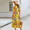 Femmes Floral Print Beach Robe Summer Boho Maxi Sundress Manches courtes Élégant Col V Partywear Robes Robes de vacances 210514