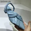 SUOJIALUN Elegancki Slingback Sandals Moda Bow-Knot Squeed Toe Square Low Heel Mule Buty Party Dress Zapatillas Mujer 210901