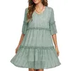 Damska Summer Dress V Neck Krótki Rękaw Ruffle Mini Dress Casual Luźne Flowle Swing Shift Sukienki W220119