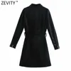 Zevity Women Vintage Single Breasted Bow Sashes Velvet Mini Dress Femme Långärmad Casual Business Vestido Shirt Dresses DS4821 210603