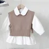 春の女の子のドレス赤ちゃんベスト韓国の秋のラウンドネックニットウールの薄い子供のプルオーバー幼児の女の子の服1-5Y 210515
