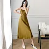 [EAM] Kobiety Żółte Wzburzyć Jedwabiste Slim Elegancka Dress V-Neck Bez Rękawów Luźne Fit Moda Wiosna Lato 1DD7322 21512