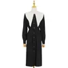 Coréen Patchwork Robe Pour Femmes Revers À Manches Longues Taille Haute Élégant Midi Robes Femme Mode Vêtements 210520
