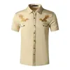 男性のためのデニムシャツウエスタンカウボーイ刺繍半袖ボタン黒い白いシャツメンズカジュアル254y