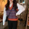 Frauen Gestrickte Weste Pullover V-ausschnitt Ärmellose gestreifte Jumper Koreanische Lose Pullover weibliche (C9301) 210508
